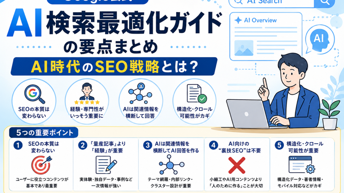 【Google公式情報】生成AI検索(AI Overviews)時代のSEO対策ガイド。私たちが今「やるべきこと・不要なこと」